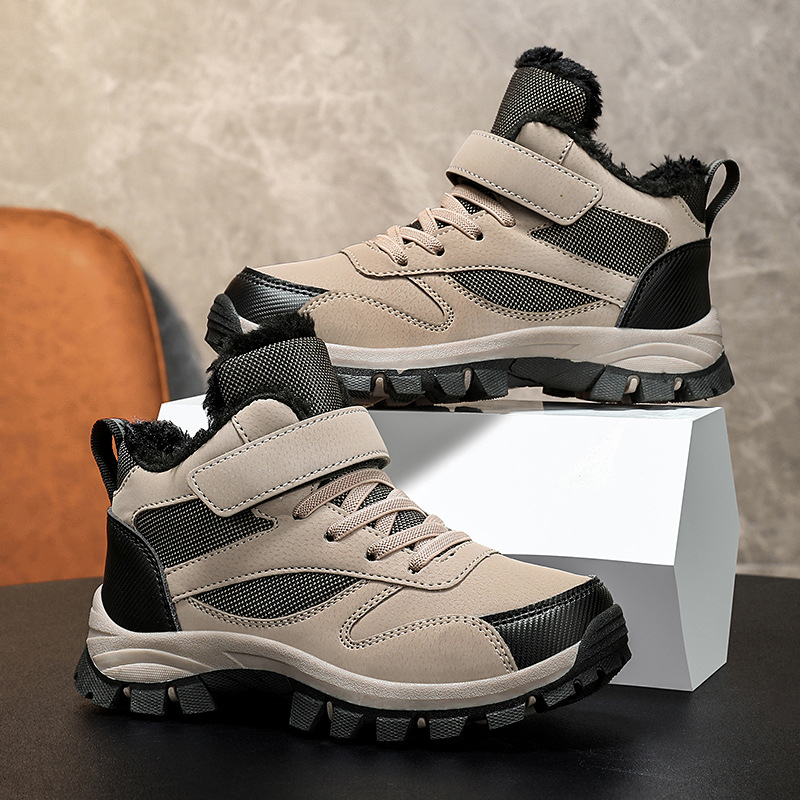 Παιδικά υπαίθρια βαμβακερά παπούτσια με φλίς, πάνω μέρος συνθετικό δέρμα, σχέδιο ρίγες, σόλα TPR, κλείσιμο Velcro