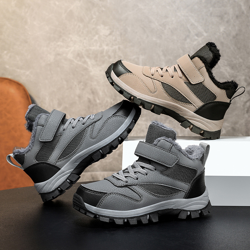 Παιδικά υπαίθρια βαμβακερά παπούτσια με φλίς, πάνω μέρος συνθετικό δέρμα, σχέδιο ρίγες, σόλα TPR, κλείσιμο Velcro