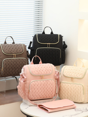 Mamų vystyklų krepšys – prabangus, daugiafunkcinis kelionėms, vandeniui atsparus poliesteris, didelė talpa, vidinė užtrauktuko kišenė