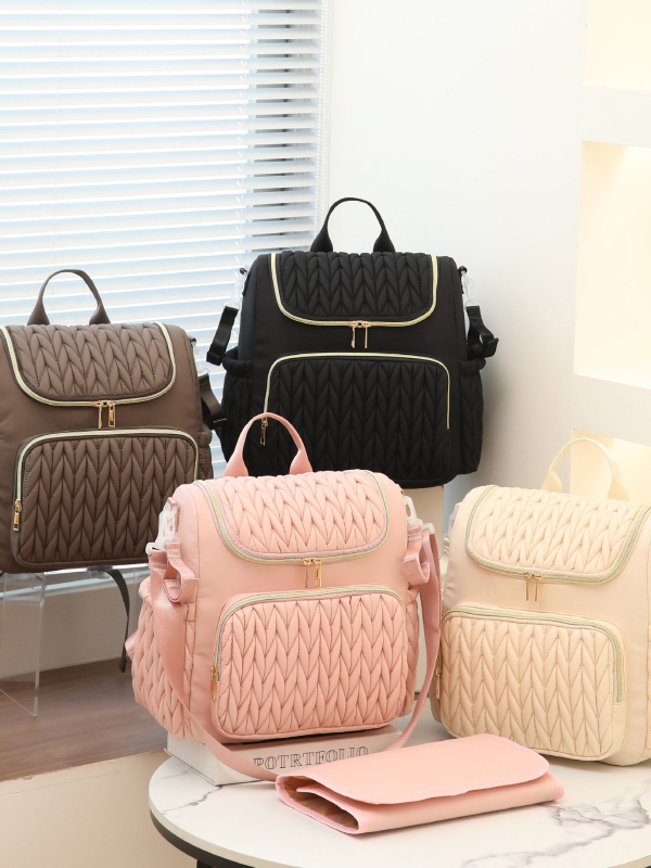 Mamų vystyklų krepšys – prabangus, daugiafunkcinis kelionėms, vandeniui atsparus poliesteris, didelė talpa, vidinė užtrauktuko kišenė