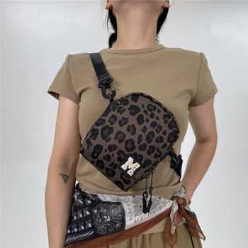 Νάιλον τσάντα ώμου με λεοπάρ σχέδιο, τσέπη για κινητό, κλείσιμο με φερμουάρ, μονή ιμάντας