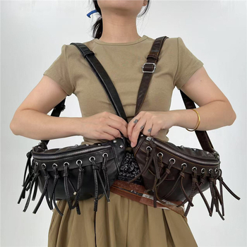 Τσάντα ώμου σε στυλ Euro-American Vintage με φούντα, distressed PU denim, Dumpling Bag, οβάλ σχήμα, φερμουάρ, θήκη για κινητό, μιά λουρί, Άνοιξη 2025