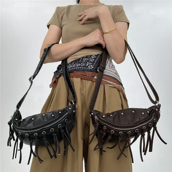 Τσάντα ώμου σε στυλ Euro-American Vintage με φούντα, distressed PU denim, Dumpling Bag, οβάλ σχήμα, φερμουάρ, θήκη για κινητό, μιά λουρί, Άνοιξη 2025