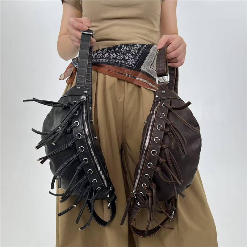 Pečių rankinė Euro-American Vintage stiliaus su kutais, distresuotas vint-efektas, PU denim audinys, Dumpling Bag, ovali forma, užtrauktuko uždarymas, telefono kišenė, vienas peties diržas, pavasaris 2025