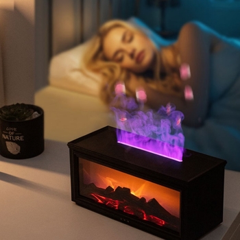 Septiņu krāsu liesmas aromaterapijas difuzors un mitrinātājs, USB darbam pie galda, ultraskaņas tehnoloģija, ūdens tvertne 1.0–2.5 L, pārklājums 21–30 m²