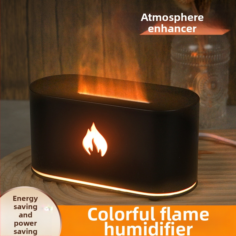 Septiņu krāsu liesmas aromaterapijas difuzors un mitrinātājs, USB darbam pie galda, ultraskaņas tehnoloģija, ūdens tvertne 1.0–2.5 L, pārklājums 21–30 m²