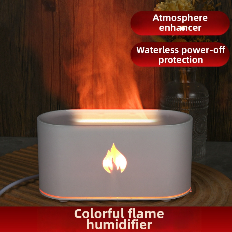 Septiņu krāsu liesmas aromaterapijas difuzors un mitrinātājs, USB darbam pie galda, ultraskaņas tehnoloģija, ūdens tvertne 1.0–2.5 L, pārklājums 21–30 m²