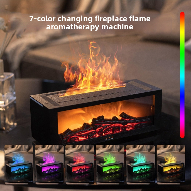 Septiņu krāsu liesmas aromaterapijas difuzors un mitrinātājs, USB darbam pie galda, ultraskaņas tehnoloģija, ūdens tvertne 1.0–2.5 L, pārklājums 21–30 m²