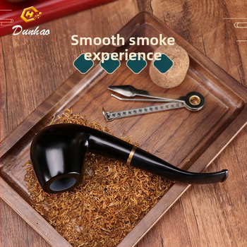 Rokā darināta melnā koka pīpe ar izliektu muti, zīmols Canglan, kods Ebony 508 – koka raksts