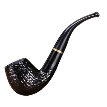 Rokā darināta melnā koka pīpe ar izliektu muti, zīmols Canglan, kods Ebony 508 – koka raksts