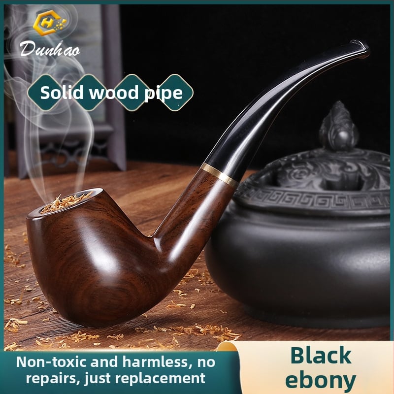 Rokā darināta melnā koka pīpe ar izliektu muti, zīmols Canglan, kods Ebony 508 – koka raksts