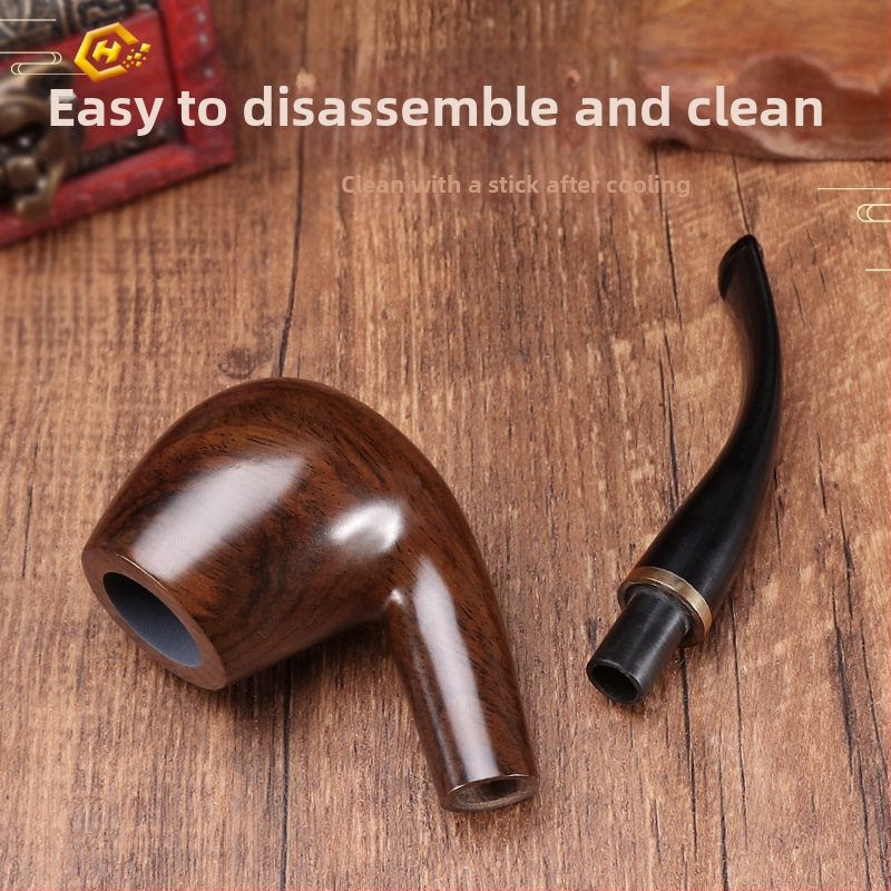 Ръчно изработена лула от ебонево дърво с извит мундщук, марка Canglan, код Ebony 508 — дървесен рисунък