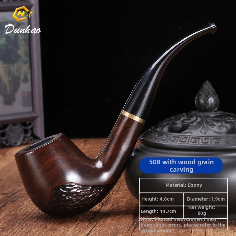 Rokā darināta melnā koka pīpe ar izliektu muti, zīmols Canglan, kods Ebony 508 – koka raksts