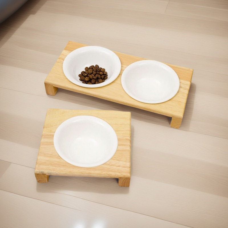 Fából készült tálállvány macskáknak és kutyáknak, univerzális etetőállvány, anti-tipp funkció, nyaki magasság növelő dizájn