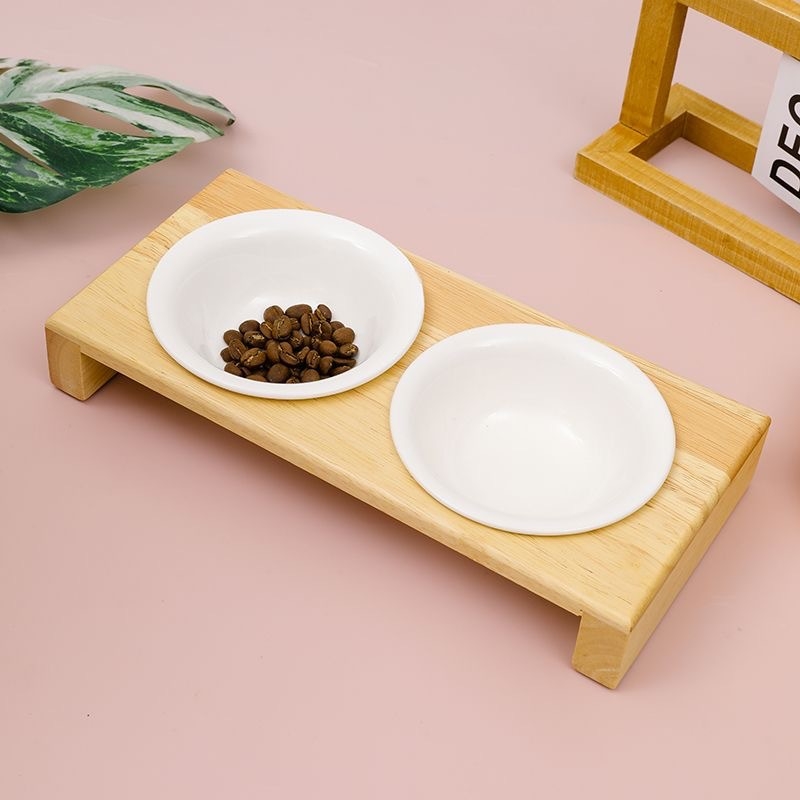 Fából készült tálállvány macskáknak és kutyáknak, univerzális etetőállvány, anti-tipp funkció, nyaki magasság növelő dizájn