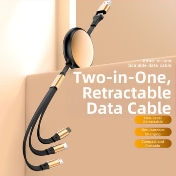 120W ātrs uzlādes datu kabelis ar 2-in-3 sadalītāju, Retractable, alumīnija sakausējums, atbalsta Lightning, Micro USB, Type-C