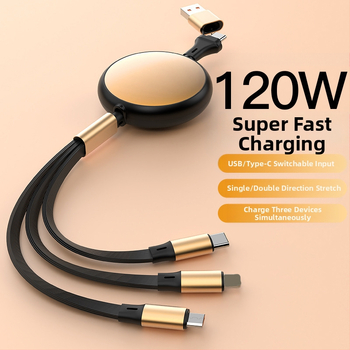 120W ātrs uzlādes datu kabelis ar 2-in-3 sadalītāju, Retractable, alumīnija sakausējums, atbalsta Lightning, Micro USB, Type-C