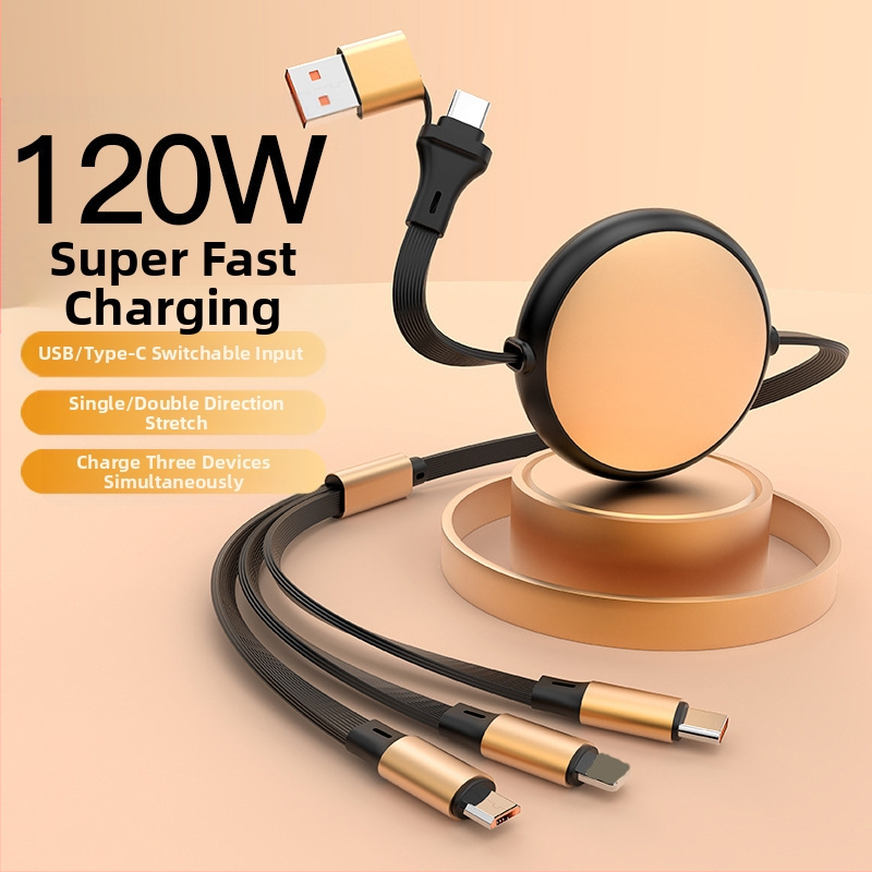 120W ātrs uzlādes datu kabelis ar 2-in-3 sadalītāju, Retractable, alumīnija sakausējums, atbalsta Lightning, Micro USB, Type-C