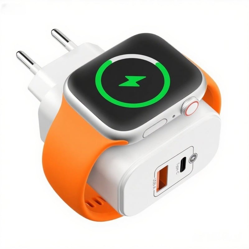 Încărcător 3 în 1 pentru iPhone și Apple Watch — intrare 110-240V, ieșire 5-12V, încărcare directă, OEM disponibil