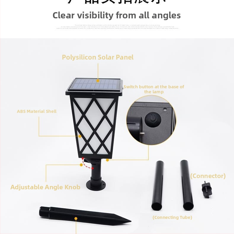 Соларна LED лампа за градина в стил пламък – модел N260, IP55, слънчев панел DC5V 1W, време на светене 6-12 ч, превключвател: ръчен + светлинно управление