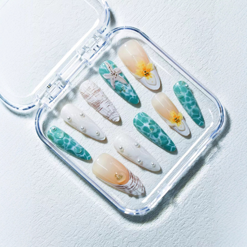 Mākslīgās nagu gali ar mandeļu formu un scallop rakstu, Eiropas–Amerikas stils, gatavs produkts