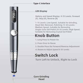 Γυαλιστήρι νυχιών TMS-025 | Πλαστικό σώμα, 136 g, Περιλαμβάνει: κύρια μονάδα, κεφαλή λείανσης, καλώδιο φόρτισης, οδηγίες χρήσης