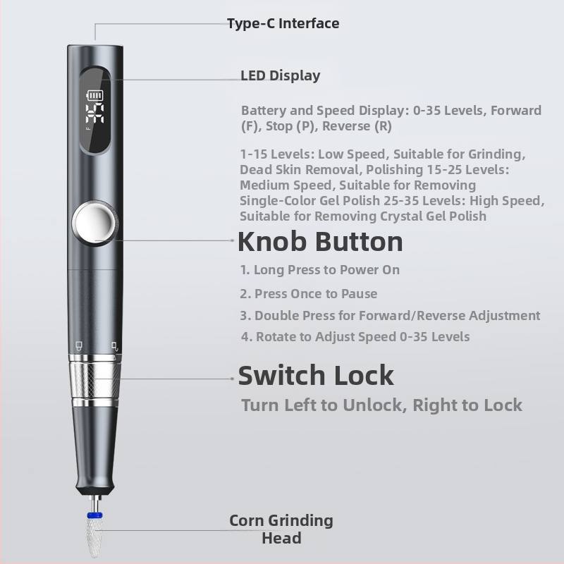 Полирач за нокти TMS-025 | Пластмасов корпус, тегло 136 g, Включено: основна единица, глава за шлифоване, заряден кабел, инструкция за употреба