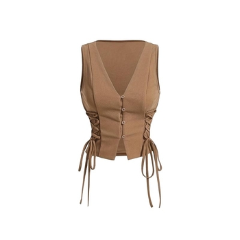 Γυναικείο αμάνικο γιλέκο με κορδόνι στη μέση και λεπτομέρειες με κουμπιά, στενή γραμμή, κοντό μήκος 40-50 εκ, πολυεστέρας με ελαστάνη