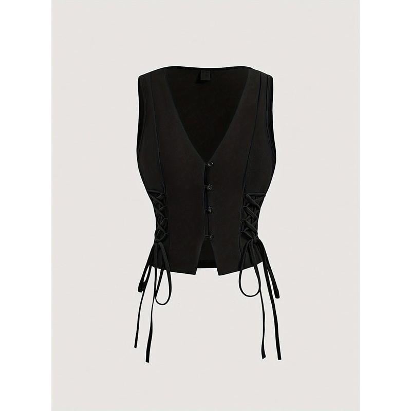 Sievietes bez piedurknēm veste ar jostu un pogu detaļām, šaura silueta, īss garums 40-50 cm, poliesters ar elastānu