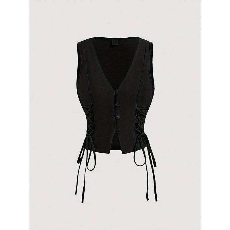 Sievietes bez piedurknēm veste ar jostu un pogu detaļām, šaura silueta, īss garums 40-50 cm, poliesters ar elastānu