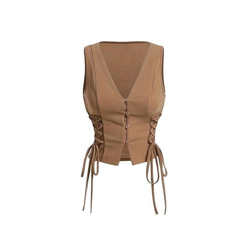 Sievietes bez piedurknēm veste ar jostu un pogu detaļām, šaura silueta, īss garums 40-50 cm, poliesters ar elastānu