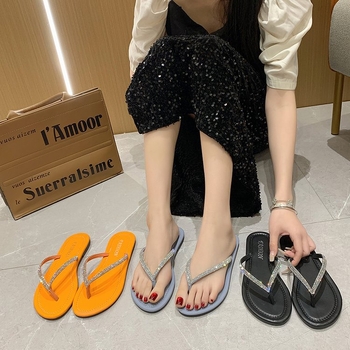 Moteriški atviri pirštai sandalai su krištolais, plokščias padas (PU viršus, guminis padas, vienos spalvos, vasara 2024)