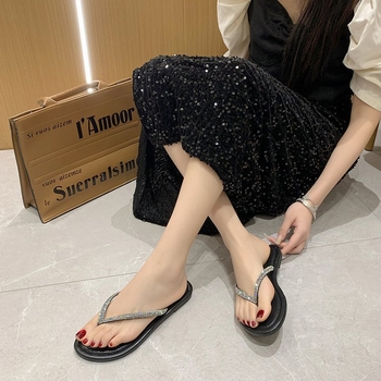 Γυναικεία σανδάλια με ανοιχτό δάχτυλο και κρύσταλλα, επίπεδη σόλα (PU πάνω μέρος, καουτσούκ σόλα, μονόχρωμα, Καλοκαίρι 2024)