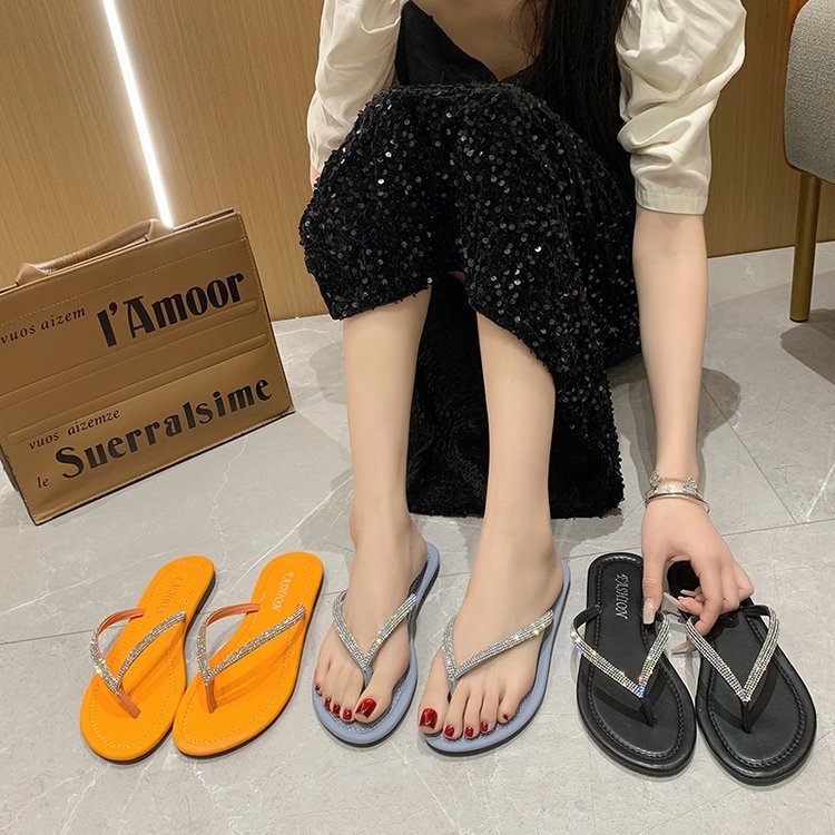 Moteriški atviri pirštai sandalai su krištolais, plokščias padas (PU viršus, guminis padas, vienos spalvos, vasara 2024)