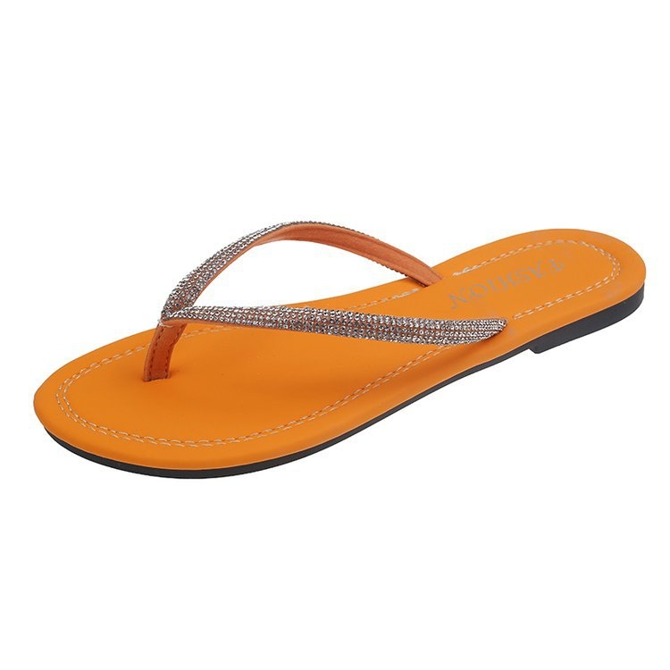 Moteriški atviri pirštai sandalai su krištolais, plokščias padas (PU viršus, guminis padas, vienos spalvos, vasara 2024)