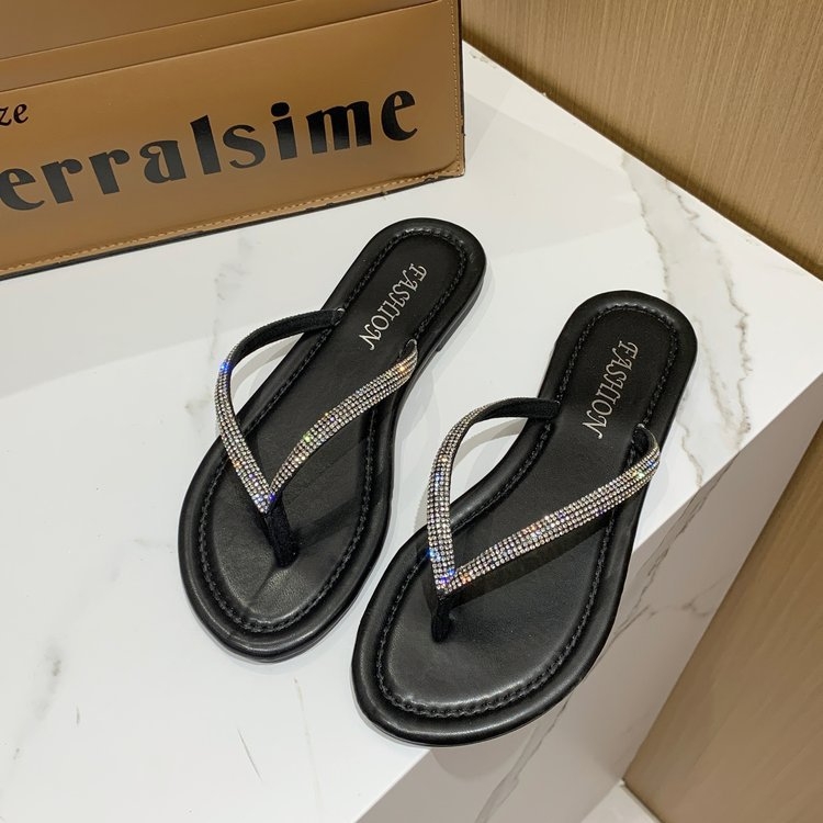 Moteriški atviri pirštai sandalai su krištolais, plokščias padas (PU viršus, guminis padas, vienos spalvos, vasara 2024)