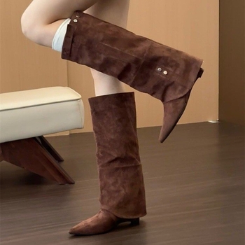 Γυναικείες μπότες ιππασίας από σουέδ με ψηλό ύψος γόνατος, μυτερό δάχτυλο, κεκλιμένο τακούνι, καουτσούκ σόλα