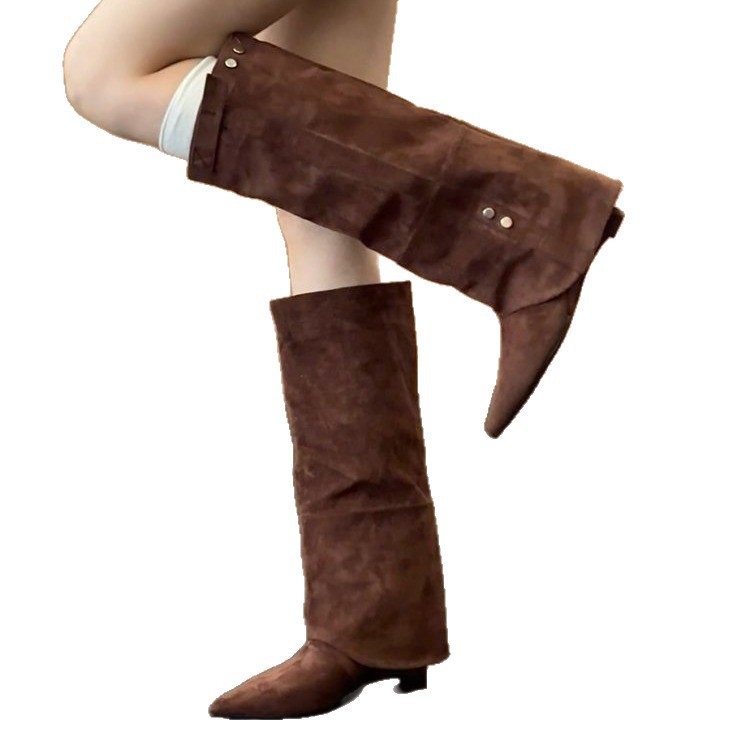 Moteriški velūro jojimo batai su aukštu šarpu, smailiu nosimiu, įstrižuo kulnu, gumos padas