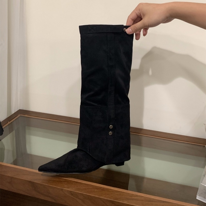 Moteriški velūro jojimo batai su aukštu šarpu, smailiu nosimiu, įstrižuo kulnu, gumos padas