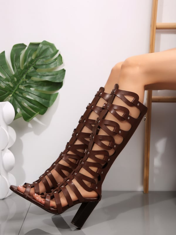 Sandale romane cu partea superioară din PU, vârf deschis, talpă din cauciuc, fermoar la spate