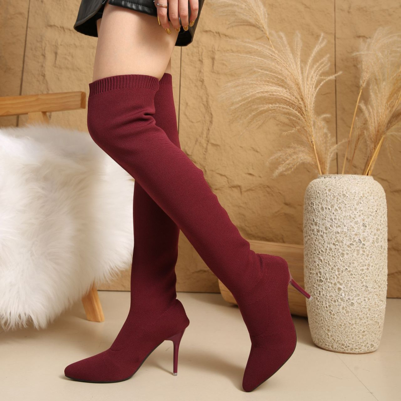 Moteriški kojinių-čiuzmos virš kelio, PU vamzdelis, smailus pirštas, plonas kulnas 6–8 cm, mikropluošto viršus