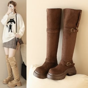 Kelių aukščio batai su sulankstomu aukštu kulnu, 3–5 cm kulnas, mikropluošto viršus, odinis įdėklas, guminė padas