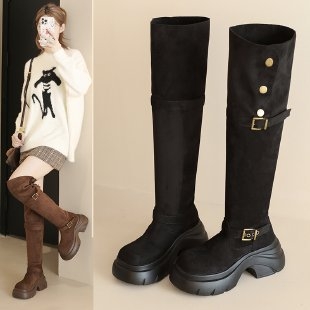 Kelių aukščio batai su sulankstomu aukštu kulnu, 3–5 cm kulnas, mikropluošto viršus, odinis įdėklas, guminė padas