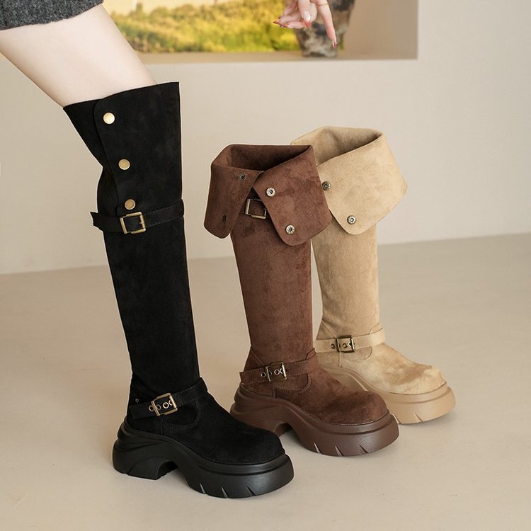 Kelių aukščio batai su sulankstomu aukštu kulnu, 3–5 cm kulnas, mikropluošto viršus, odinis įdėklas, guminė padas