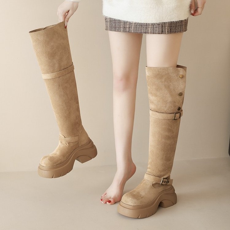 Kelių aukščio batai su sulankstomu aukštu kulnu, 3–5 cm kulnas, mikropluošto viršus, odinis įdėklas, guminė padas