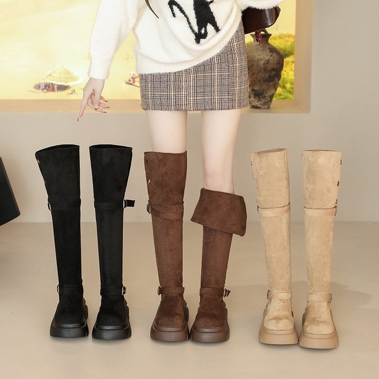 Kelių aukščio batai su sulankstomu aukštu kulnu, 3–5 cm kulnas, mikropluošto viršus, odinis įdėklas, guminė padas