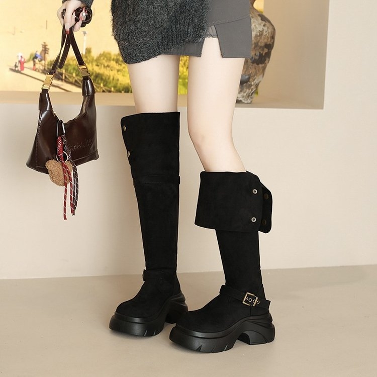 Kelių aukščio batai su sulankstomu aukštu kulnu, 3–5 cm kulnas, mikropluošto viršus, odinis įdėklas, guminė padas