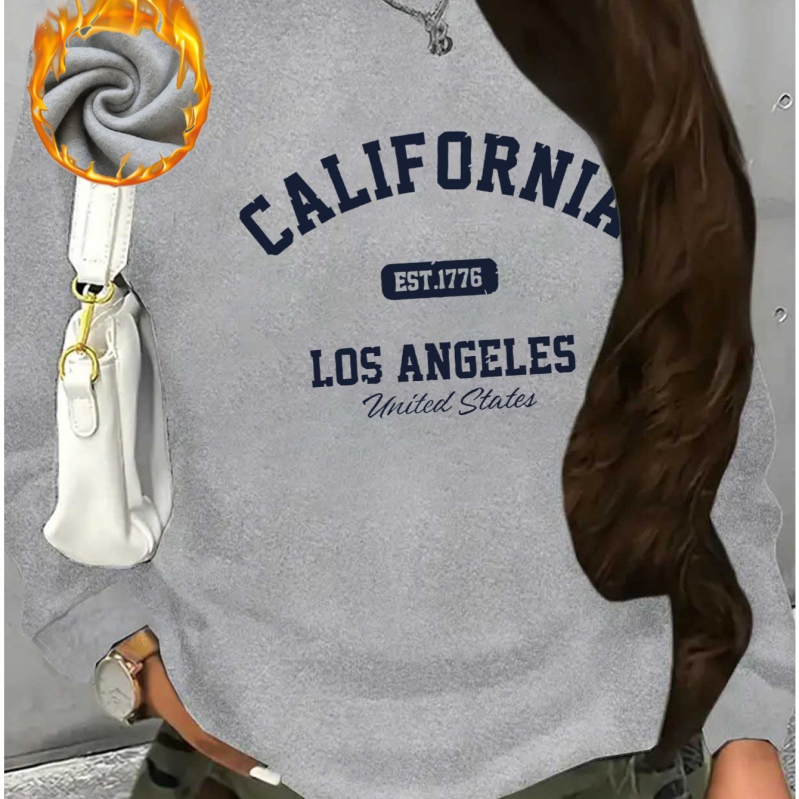 Moteriški Kalifornijos motyvo flisinis džemperis, užsakytas modelis, laisvas siluetas, apvalus kaklo iškirptė, poliesteris