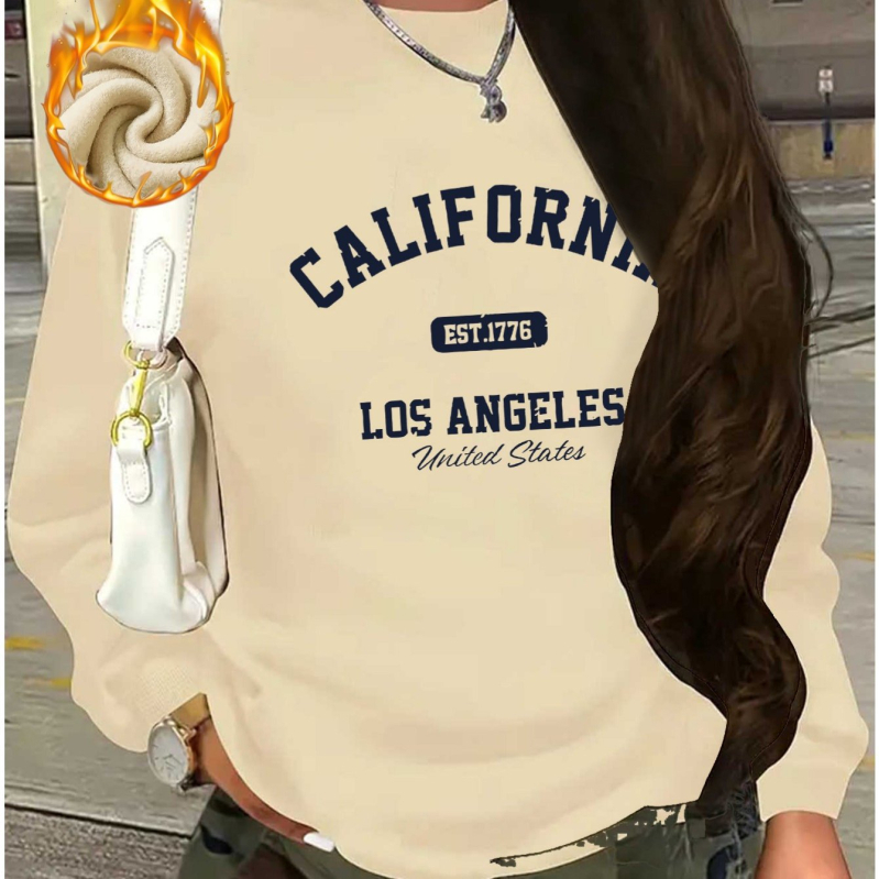 Moteriški Kalifornijos motyvo flisinis džemperis, užsakytas modelis, laisvas siluetas, apvalus kaklo iškirptė, poliesteris
