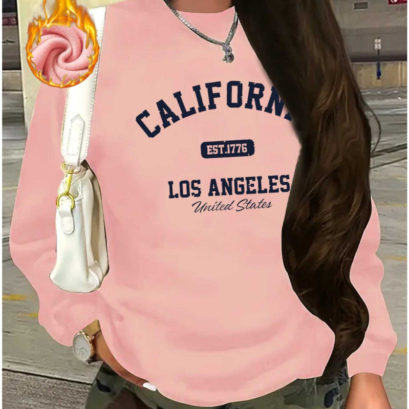 Moteriški Kalifornijos motyvo flisinis džemperis, užsakytas modelis, laisvas siluetas, apvalus kaklo iškirptė, poliesteris